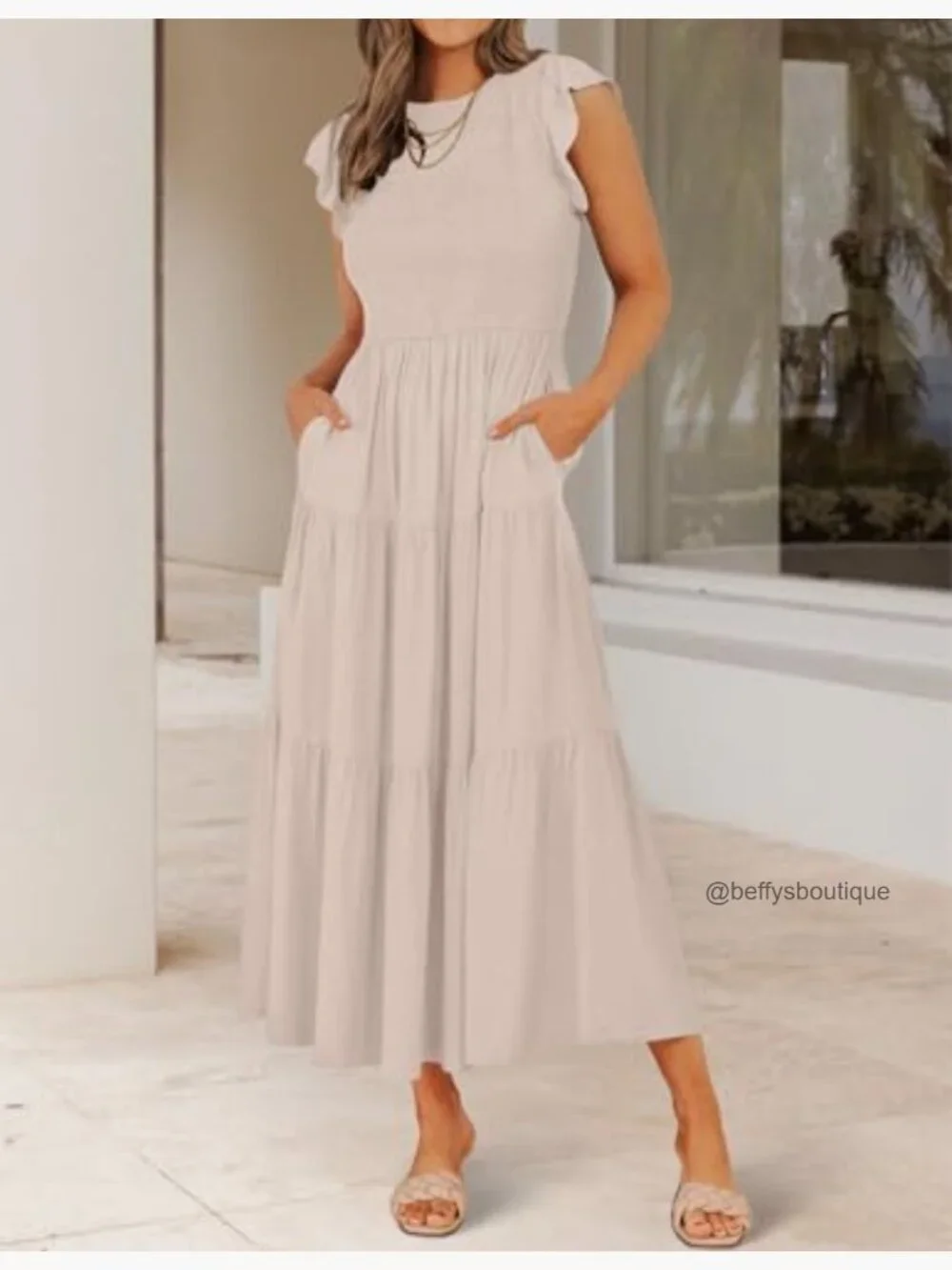 Flutter Short Sleeve Smocked Midi Dress - Casual Summer - Picture 4 of 7